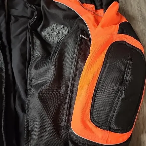 Harley Davidson ORANGE AND BLACK TEXTILE MOTORCYCLE JACKET Size Large - Picture 2 of 5
